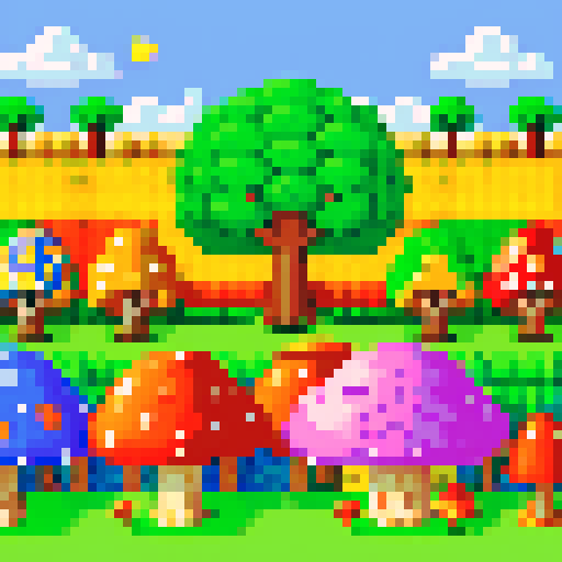 pixel art landscape with tall, vibrant trees, whimsical mushrooms, cozy houses, and colorful flowers