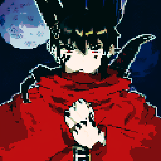 Male half-demon warrior, short black hair, captivating fusion of dark and fiery elements, red eyes reflecting fierce determination and vulnerability, attire blending traditional and modern influences from human and demon, character portrait, anime style, pixel art, close-up