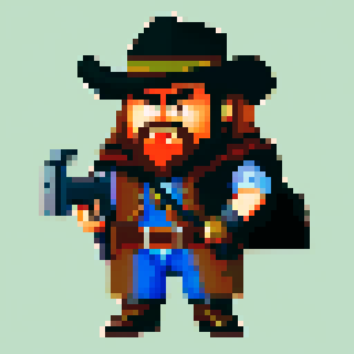 gritty cowboy, long brown cloak, sheriff, big gun on hip, ugly face, pixel art, sRGB