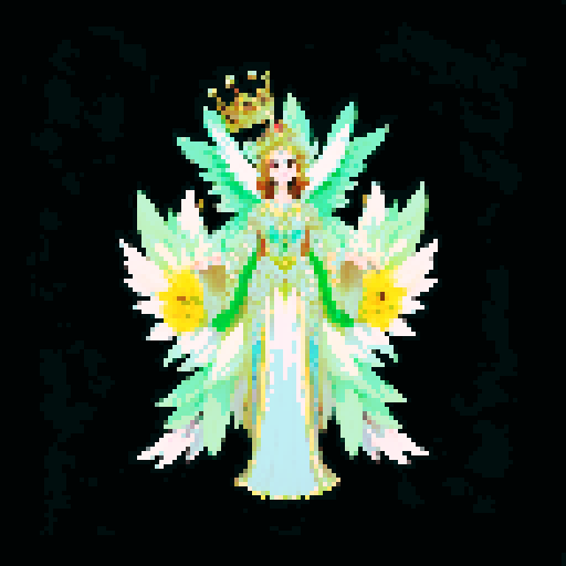 A regal, majestic creature with a crown of flowers, large wings, and a gown made of petals. It has a commanding presence and glowing eyes, radiating an aura of elegance and authority. No background.
