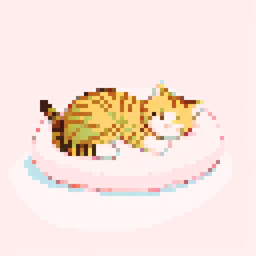tabby cat, sleeping on white bed, curled up, fat cat