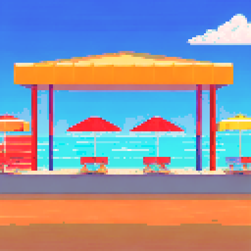 Colorful vintage convertible with surfboards strapped to the roof, parked in front of a retro motel with neon palm tree sign, surrounded by kitschy beach umbrellas and retro bikini-clad sunbathers lounging on striped beach chairs