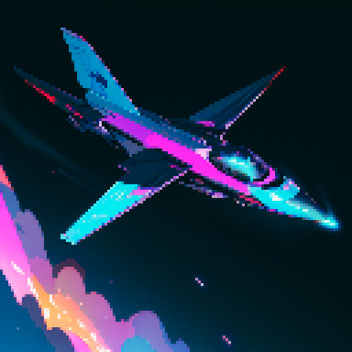 spaceship, futuristic, sleek, metallic, floating, inky black background, vibrant neon lights, retro-futuristic, angular, pixelated, glowing engine, starry sky, low-poly, geometric shapes, 8-bit, vibrant color palette, glowing cockpit windows, exhaust trails, cosmic, otherworldly