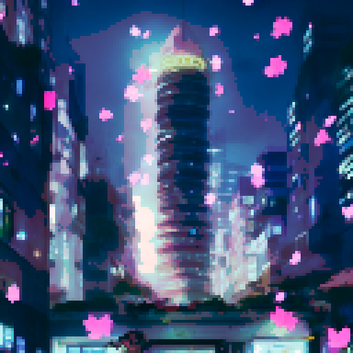Flowing cherry blossom petals surround a stunning anime girl with big, bright eyes and long, lustrous hair, standing tall atop a bustling cityscape filled with neon lights and towering skyscrapers.