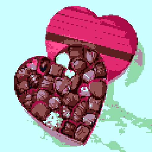 Box of Valentine's Day chocolates, specifically shaped like cupcakes with intricate details such as pink frosting and decorative toppings. Charming and romantic theme. The cupcakes within the box should exhibit a variety of delightful designs, no background, pixel art.