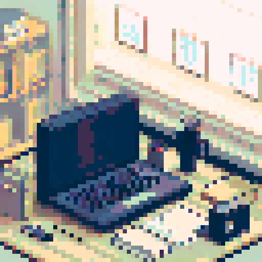 president office, elegant desk, leather chair, vintage typewriter, stack of official documents, golden pen, framed landscape painting, tall bookshelf, dimly lit desk lamp, large window with cityscape view, pixelated art, 2.5d