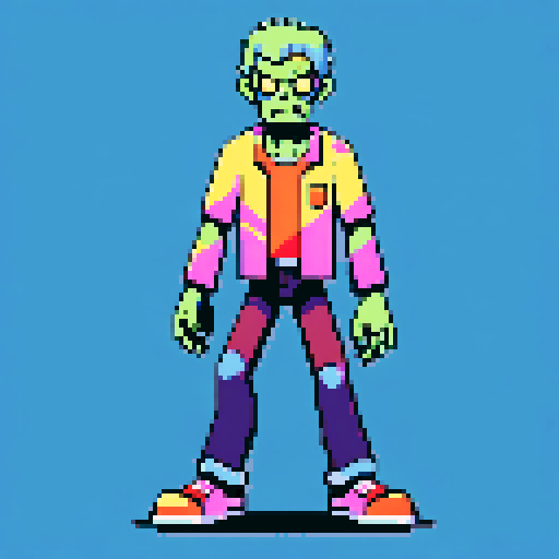 Zombie with limbs spread out, looking at camera, pixel art, sRGB