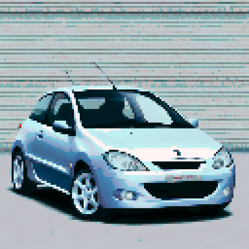 Photorealistic whole Peugeot 206, three-quarter view, right front wheel, clean background, sRGB colors, pixel art style
