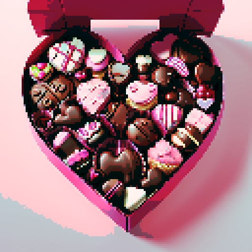 Box of Valentine's Day chocolates, shaped like cupcakes and hearts with intricate details such as pink frosting and decorative toppings. Charming and romantic theme
