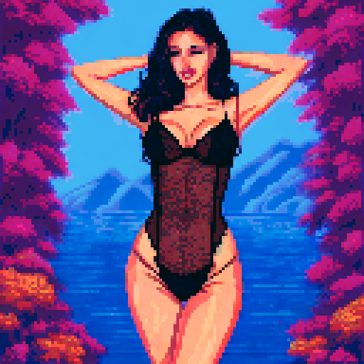 sexy beautiful lingerie model, green eyes, golden wet skin shining, orange sunset light, laying down, coy smile, tanned skin, see through black lace lingerie, black wavy shiny hair, 50mm portrait, sun, glamour, soft curves, ass, full wet lips, sRGB, pixel art, background, landscape