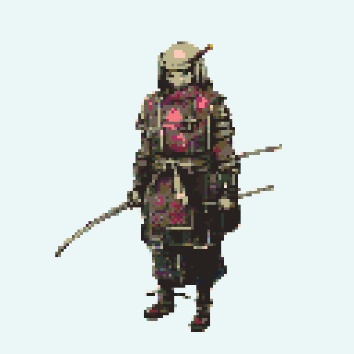 historically accurate muromachi samurai in traditional armor, roguelike rpg full-body sprite