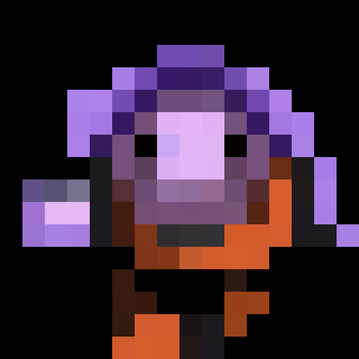 A suspicious false hero with lavender hair and leather armor