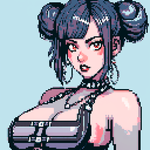 curvy, busty cute goth babe with studded collar, big titty goth wearing studded leather halter top. Large breasts. hair in buns. close up portrait, pixel art, sRGB