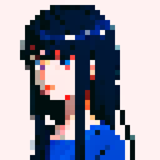 young woman, straight gaze, dark shoulder-length hair, blue colors, pixel art, sRGB