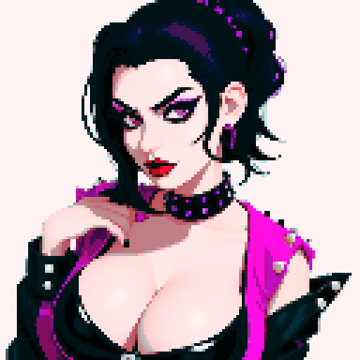 Alluring, curvy, cute busty greaser goth woman's face, whole head portrait, black hair, purple eyeshadow, red lipstick, low cut black studded leather halter top, studded collar, vibrant sRGB colors, edgy aesthetic, pixel art.