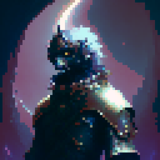 Moonlit knight, gothic castle, sinister presence, detailed armor, glowing sword, neon sky.