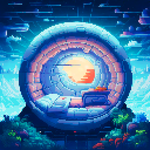 The interior of a small, rounded spaceship from a flat side view. A small, rounded spaceship interior with smooth, curved walls and large windows in the back showing space. In the center is a cryo-pod with a sleeping human inside.