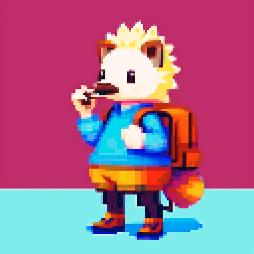 antropomorphic hedgehog with backpack and smoking pipe