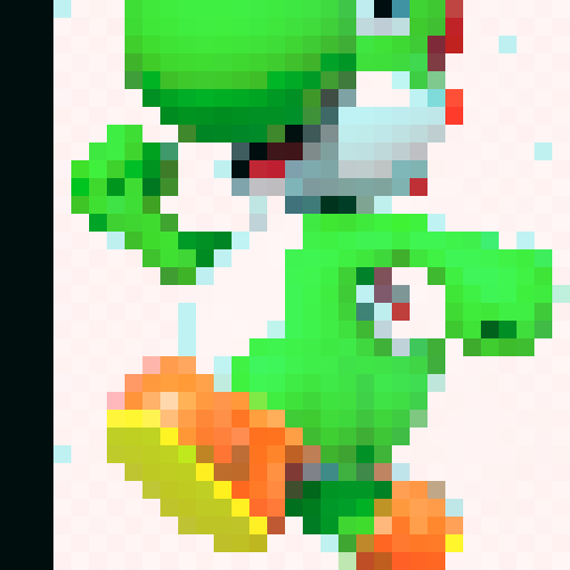 Yoshi, game icon, 32x32 pixel art, sRGB, skill art, close up, portrait, vibrant green, cute,friendly smile animated expression, pixelated shading, bouncy demeanor, playful pose, iconic saddle, whimsical charm