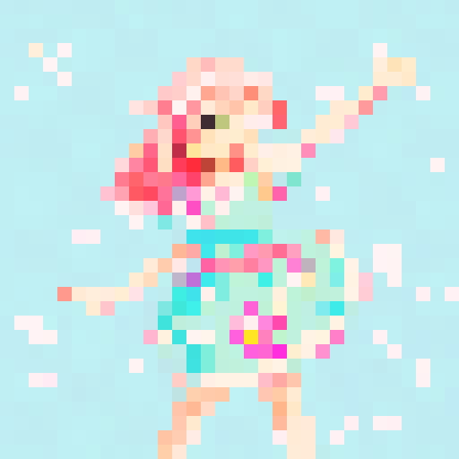 Anime girl with vibrant pink hair, wearing a flowing blue dress adorned with white flowers, waving joyfully with a gentle smile on her face in a pixel art style using the sRGB color space