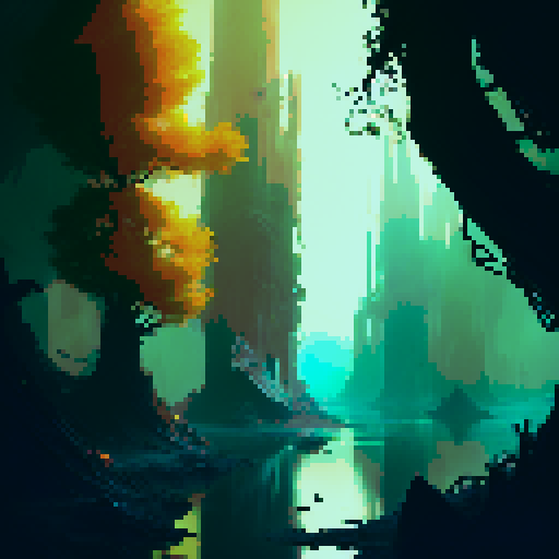 Dark, murky waters reflecting twisted and gnarled trees, their branches adorned with vibrant yellow leaves tainted by toxic substances, set against the backdrop of a mysterious and fantastical RPG world