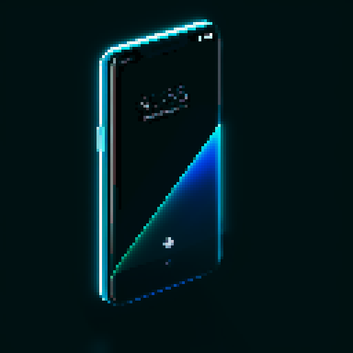futuristic smartphone, sleek black design resembling cosmos, flexible screen, holographic display, bold "X" on surface or screen, minimalistic, galaxy-themed background, high-tech sophistication, innovation, pixel art, sRGB