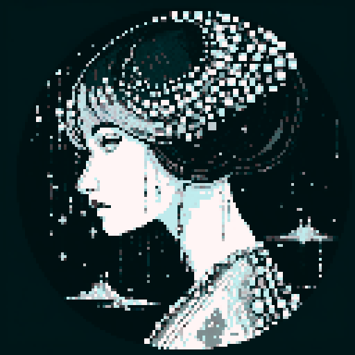 pixel art circular illustration by Harry Clarke. high contrast black and white 1-bit pixel art style. portrait of beautiful futuristic woman dripping in jewels deep space dynamic composition