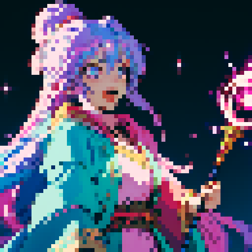 legendary anime girl wizard, long flowing hair, vibrant and dynamic colors, glowing magical staff, intricate and ornate robes, intense and happy expression looking to the right with entire body visible, sparkling and shimmering background, detailed and precise pixel art
