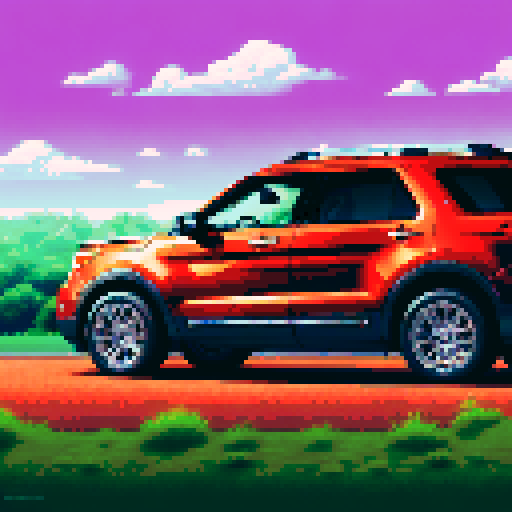 Photorealistic, centered Ford Explorer in a three quarter view, right wheel in front, clean background, pixel art style with sRGB colors