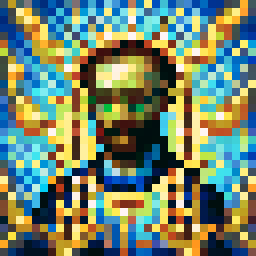 Vincent Van Gogh, king of cryptocurrency, close-up, pixel art portrait capturing his gold Gucci glasses, crown, and Gucci apparel in 32x32 resolution with a skill art style, reminiscent of a game icon