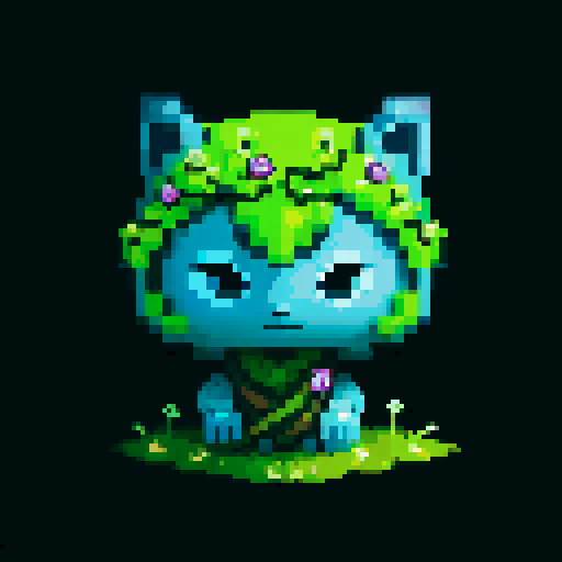 A wise, ancient guardian with a body covered in moss and vines, and deep, glowing blue eyes. It has a calm, serene expression and exudes an aura of ancient wisdom and tranquility. No background.
