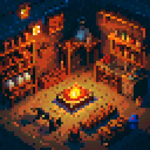 birds eye view, blacksmith shop, pixel art, sRGB, glowing ember-filled forge, sparks flying from an anvil, sturdy iron anvils, molten metal swirling in a crucible, hammers striking red-hot steel, intricately designed swords and axes, glowing red coals in a brick furnace, leather aprons and thick gloves, shelves lined with neatly organized tools and materials