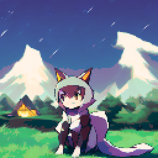 I want a picture of cat chilling beside campfire at night