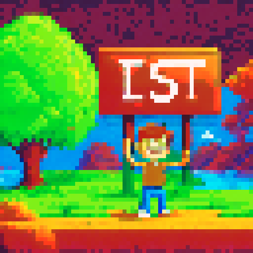 Boy with green shirt and brown shorts, standing in front of a vibrant orange and yellow pixel art landscape, holding up a sign that reads "Affiliate Marketing" in bold white letters against a sRGB background