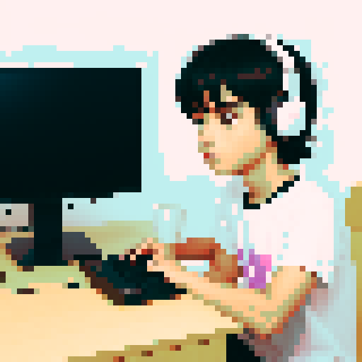 A young man with brown eyes and black hair is playing a game on a computer. He wears a white short-sleeved t-shirt and has Bluetooth headphones in. There's a steaming cup of tea beside him. His keyboard , mouse and the computer is relatively new. He has only one monitor, keyboard, and mouse. His face is focused on the screen.