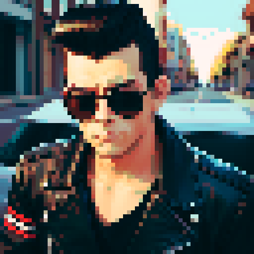 Tough Greaser man wearing motorcycle jacket with pompadour hairstyle, portrait, face avatar, sRGB colors.