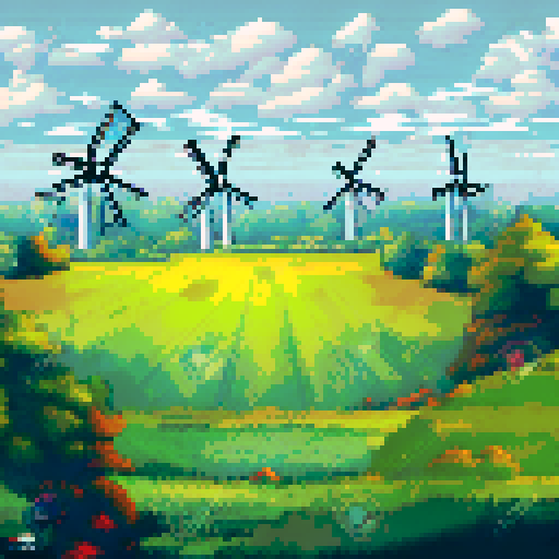Heroes facing the sunset standing in a flourishing fields with lush greenery wind turbines and solar panels