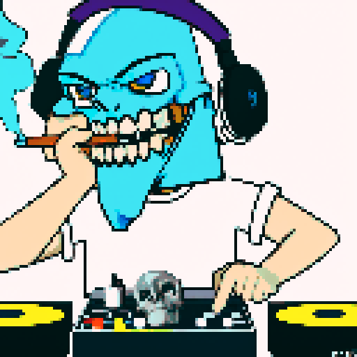 A blue skull dj smoking weed