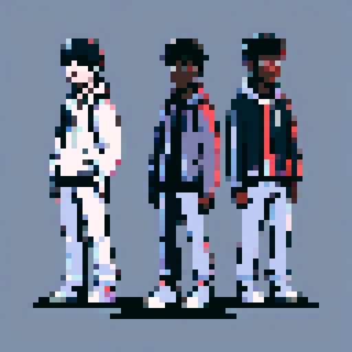 black person, asian person, white person, standing together, pixel art, sRGB